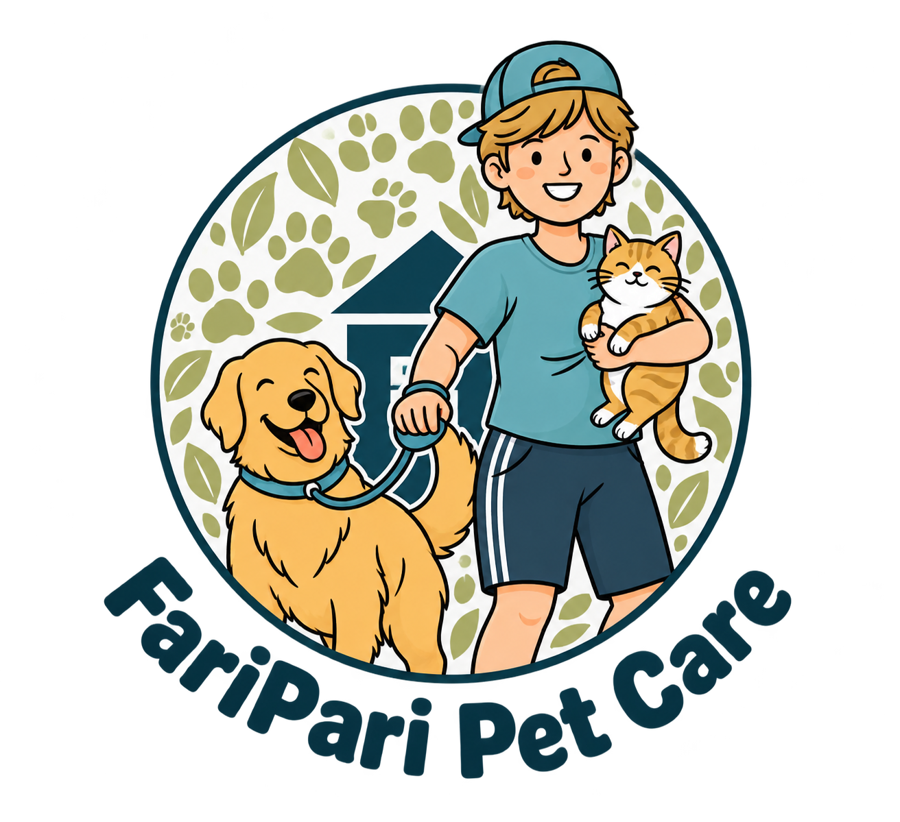 Illustration from the FariPari Pet Care logo showing a pet caregiver, dog and cat